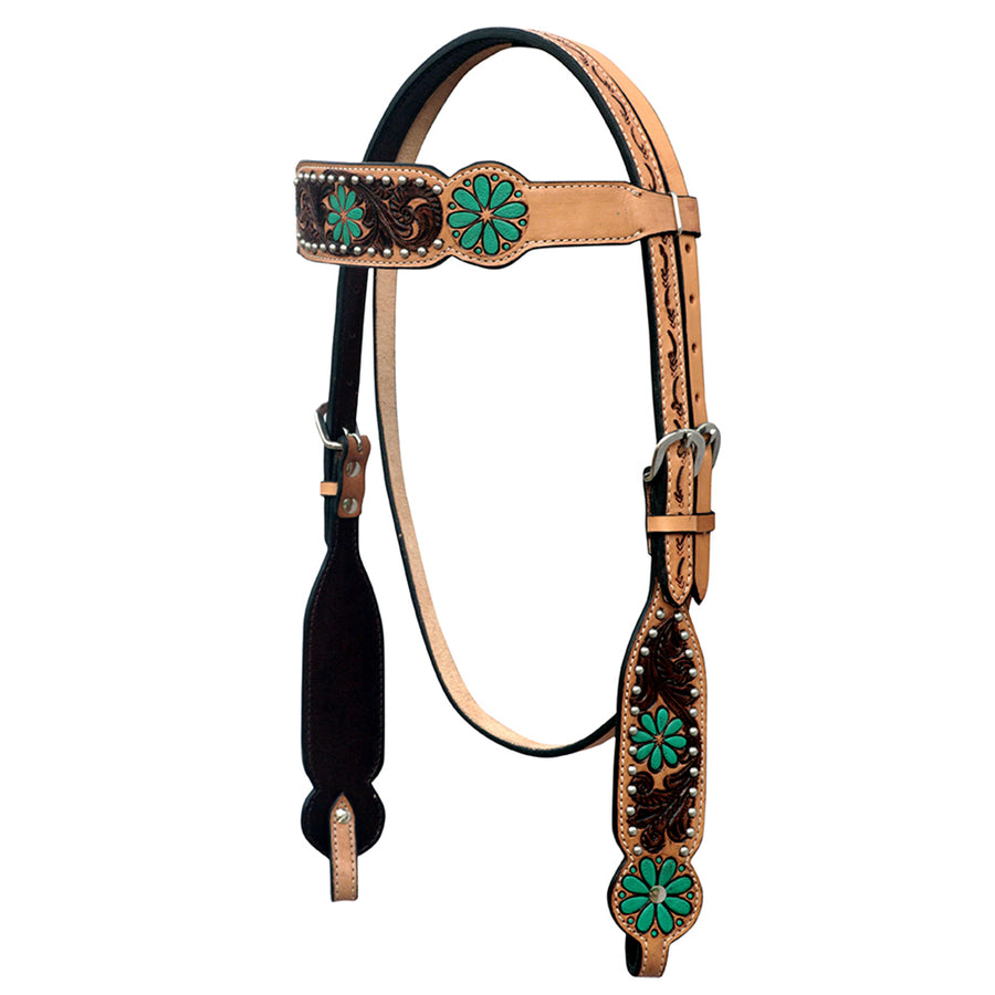 HILASON Western Leather Horse Headstall Floral Carved Hand Painted Tan | Tack