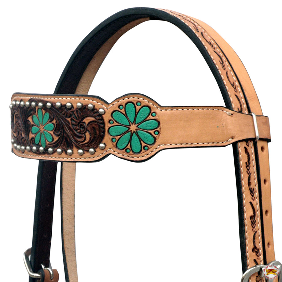 HILASON Western Leather Horse Headstall Floral Carved Hand Painted Tan | Tack
