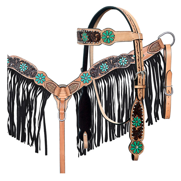 Hilason Horse Floral Hand Painted American Leather Breast Collar Headstall Tan Fringes - Hilason