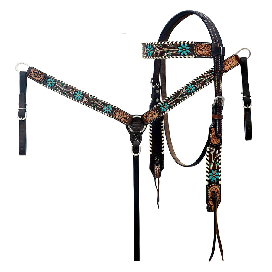 Hilason Horse Floral Hand Painted American Leather Breast Collar Headstall Dark Brown - Hilason