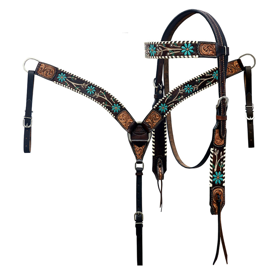 Hilason Horse Floral Hand Painted American Leather Breast Collar Headstall Dark Brown - Hilason
