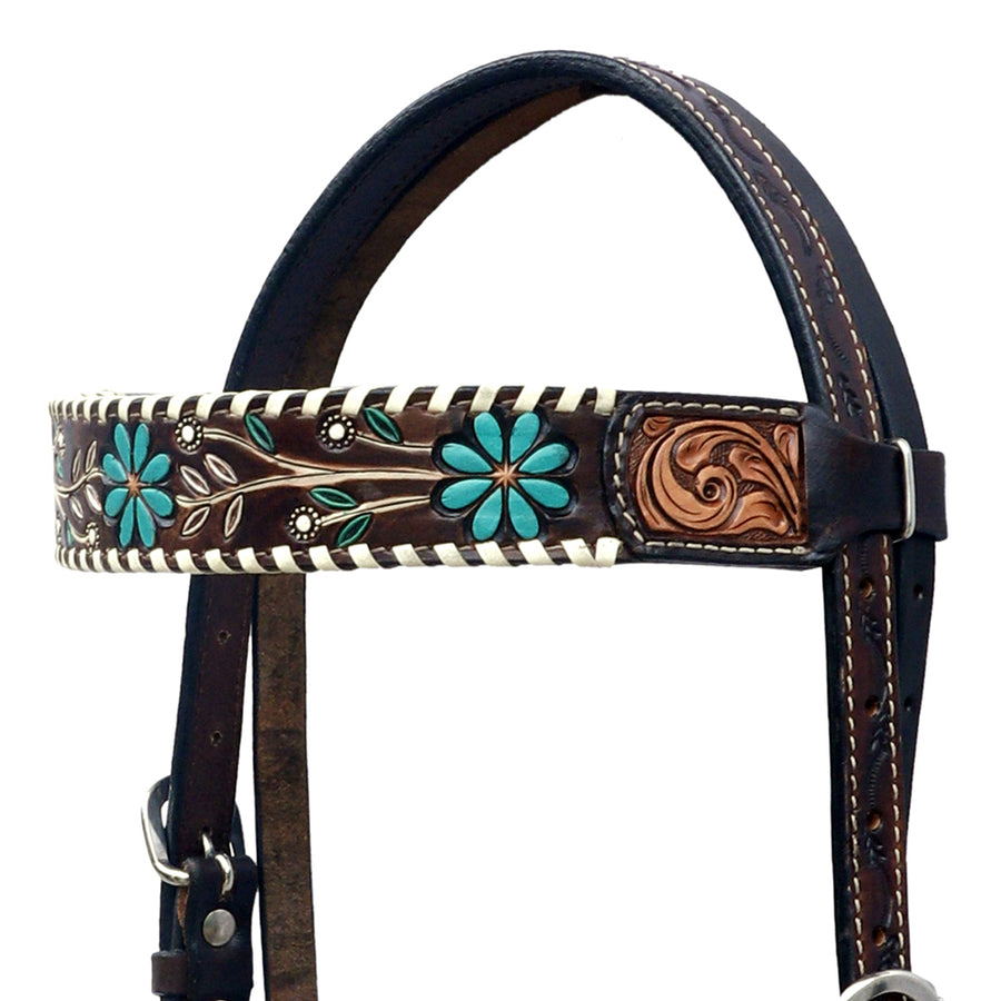 HILASON Western Horse Leather Headstall Floral Design Dark Brown | for Horses