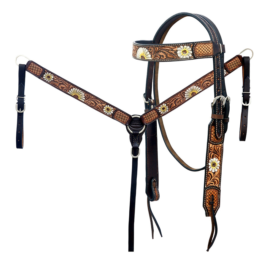 Hilason Horse Floral Hand Painted American Leather Breast Collar Headstall Brown - Uhorse