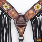 Hilason Western Horse Floral Hand Painted American Leather Breast Collar Fringes Brown