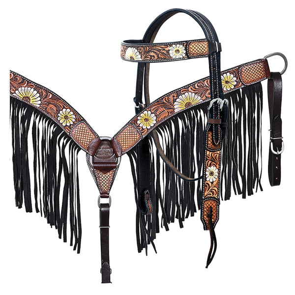 Hilason Horse Floral Hand Painted American Leather Breast Collar Headstall Fringes Brown - Uhorse