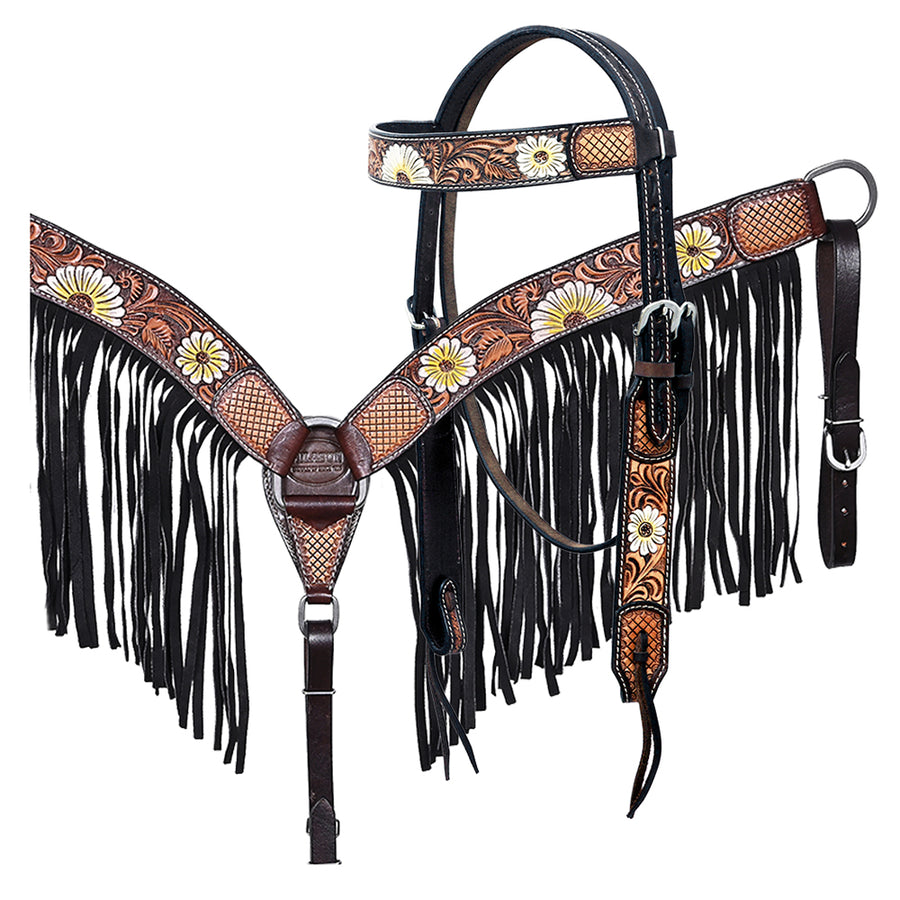 Hilason Horse Floral Hand Painted American Leather Breast Collar Headstall Fringes Brown - Uhorse