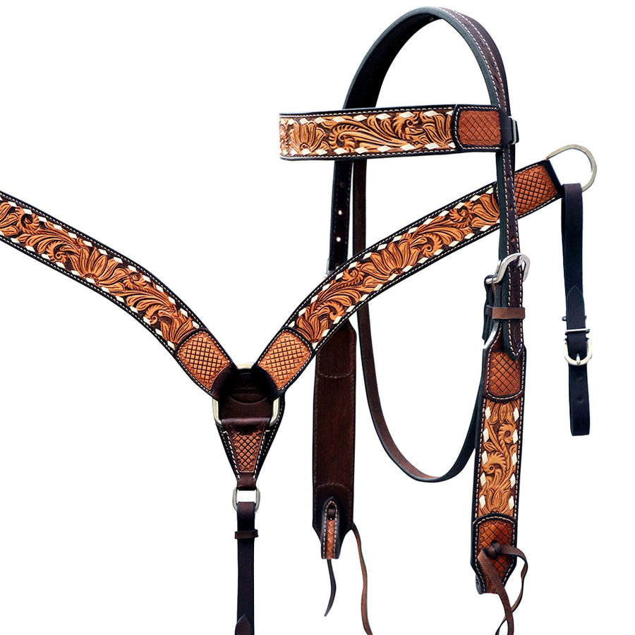 Hilason Horse Floral Hand Carved American Leather Breast Collar Headstall Dark Brown - Uhorse