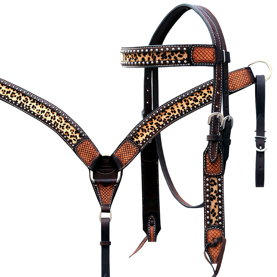 Hilason Western Horse Hand Tooled American Leather Breast Collar Headstall Cheetah Print Dark Brown - Uhorse