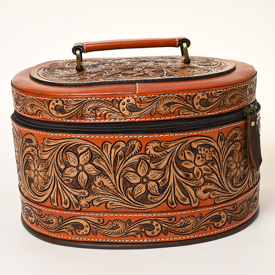 American Darling Hand Tooled Floral Carved Leather Jewelry Case Vegetable-Tanned Genuine Leather YKK Zipper Western Storage