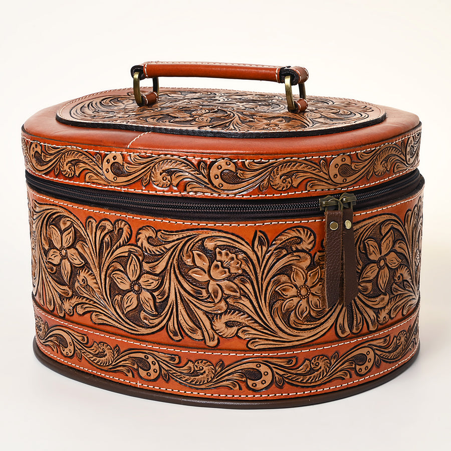 American Darling Hand Tooled Floral Carved Leather Jewelry Case Vegetable-Tanned Genuine Leather YKK Zipper Western Storage