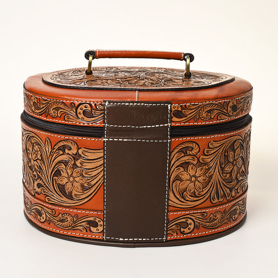 American Darling Hand Tooled Floral Carved Leather Jewelry Case Vegetable-Tanned Genuine Leather YKK Zipper Western Storage