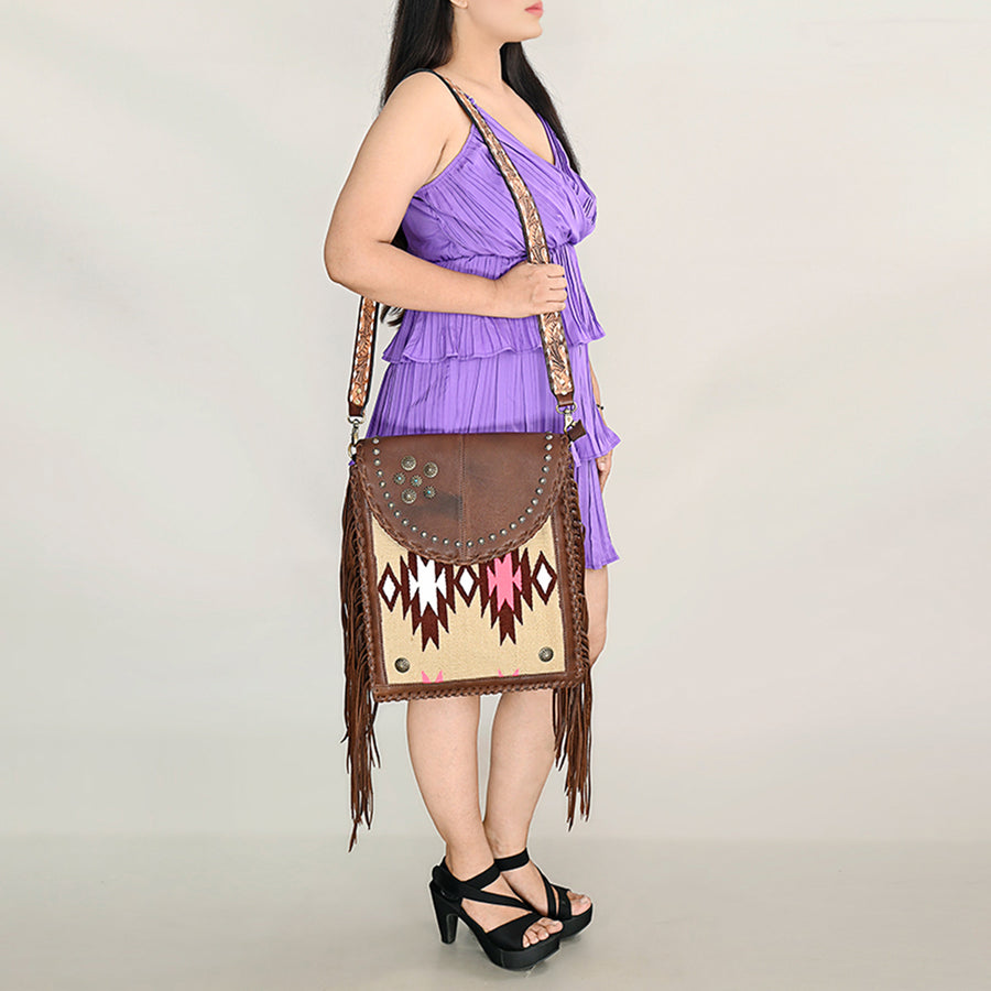 American Darling Hand Woven Saddle Blanket Fringed Cross body Bag Vegetable-Tanned Leather Rivetted Hand Tooled Western Purse