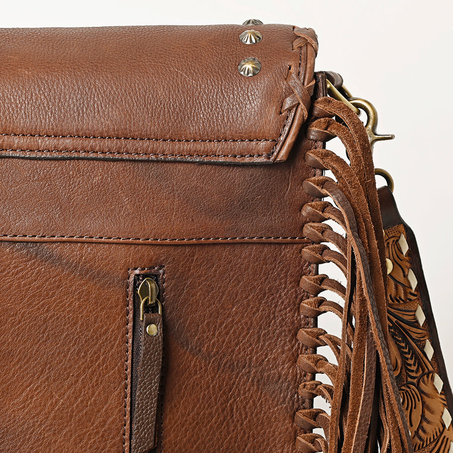 American Darling Hand Woven Saddle Blanket Fringed Cross body Bag Vegetable-Tanned Leather Rivetted Hand Tooled Western Purse