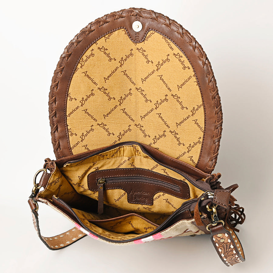 American Darling Hand Woven Saddle Blanket Fringed Cross body Bag Vegetable-Tanned Leather Rivetted Hand Tooled Western Purse