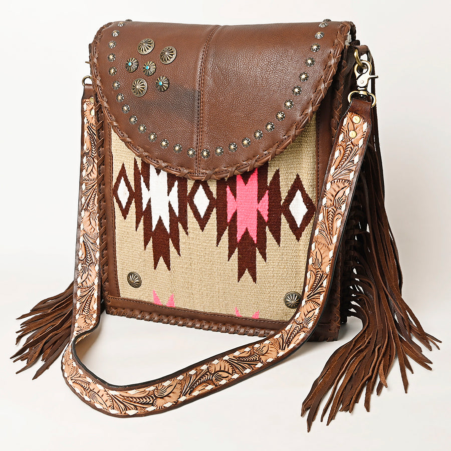 American Darling Hand Woven Saddle Blanket and Genuine Leather Fringed Cross body Bag - Uhorse