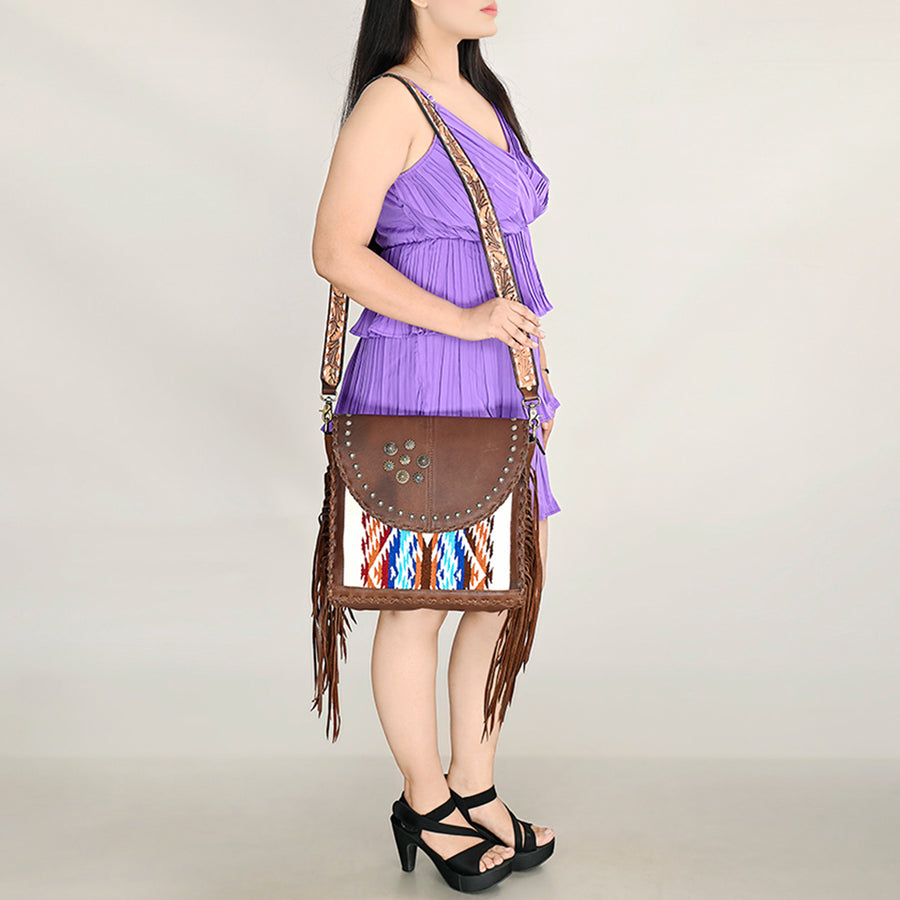American Darling Hand Woven Saddle Blanket Fringed Cross body Bag Vegetable-Tanned Genuine Leather Rivetted Western Purse