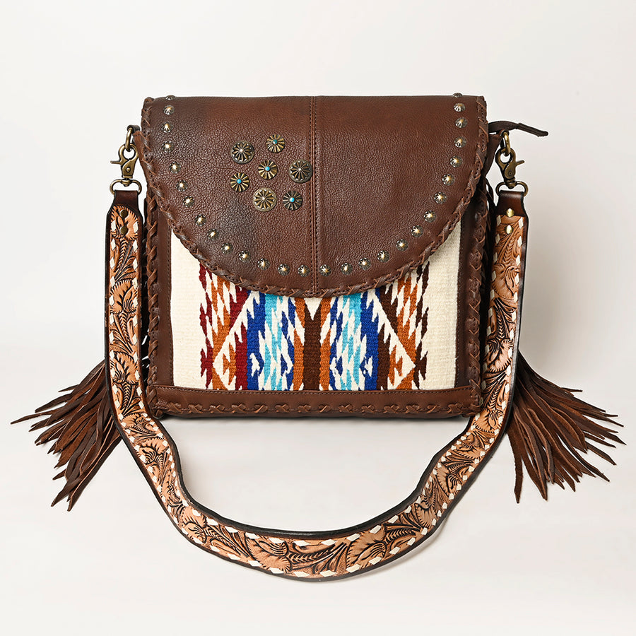 American Darling Hand Woven Saddle Blanket Fringed Cross body Bag Vegetable-Tanned Genuine Leather Rivetted Western Purse