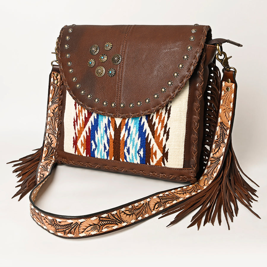 American Darling Hand Woven Saddle Blanket and Genuine Leather Fringed Cross body Bag - Uhorse
