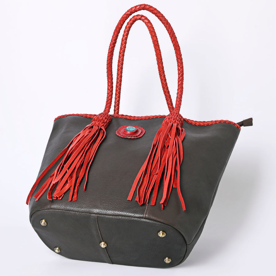 American Darling Tote Bag Western Genuine Leather Handcrafted Large Purse with Fringes and Braided Straps