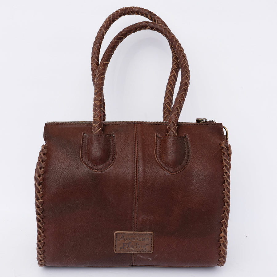 American Darling Speedy Bag, Genuine Vegetable-Tanned Leather Handbag with Turquoise Stone & Braided Handles, 12in (W)
