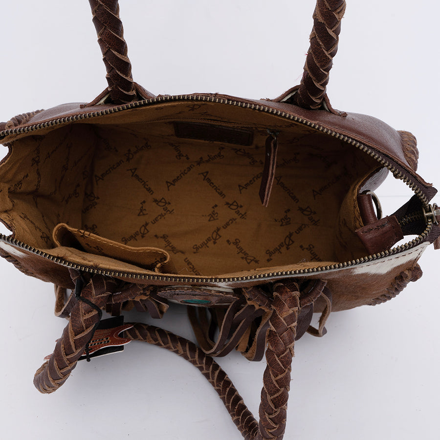 American Darling Speedy Bag, Genuine Vegetable-Tanned Leather Handbag with Turquoise Stone & Braided Handles, 12in (W)