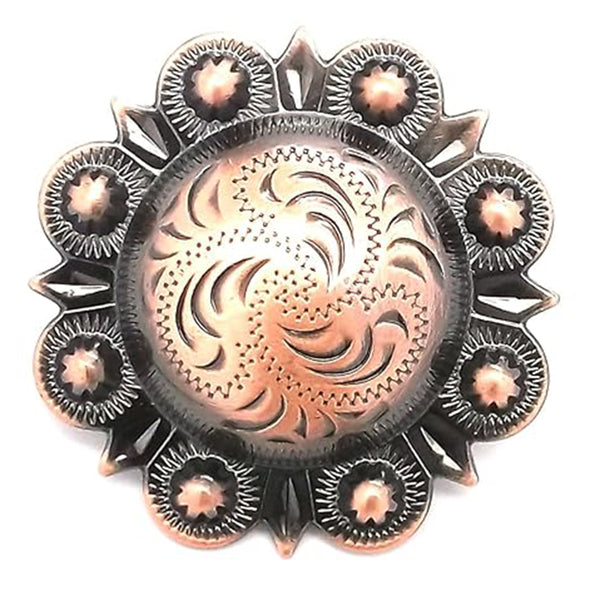 Copper and silver concho with tooled leather center - Uhorse