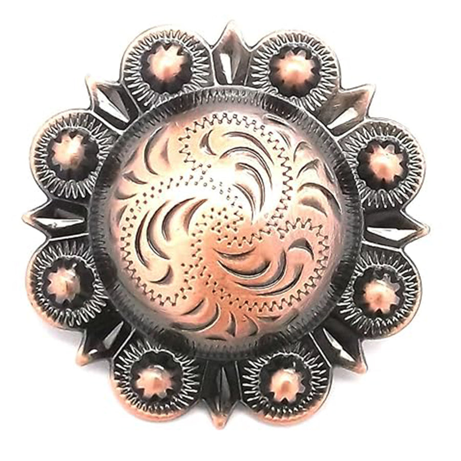 Copper and silver concho with tooled leather center - Uhorse