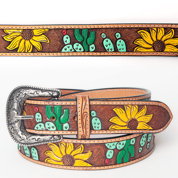 Leather belt with sunflower tooling and silver buckle - Uhorse