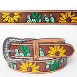 Leather belt with sunflower tooling and silver buckle - Uhorse