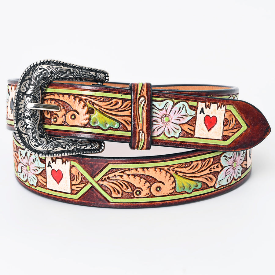 American Darling Beautifully Hand Tooled Green Genuine Leather Belt Men and Women Western with Removable Buckle