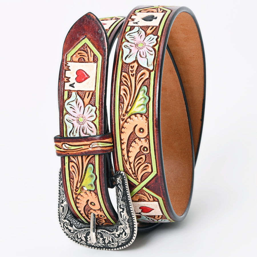 American Darling Beautifully Hand Tooled Green Genuine Leather Belt Men and Women Western with Removable Buckle