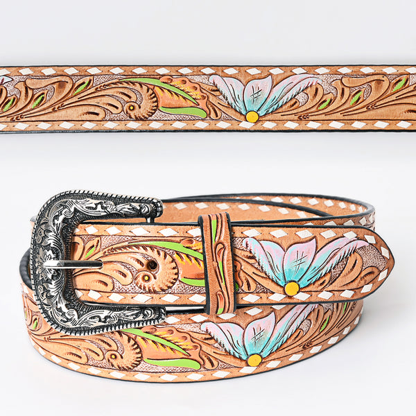 Tan leather belt with tooled grape and eagle design - Uhorse