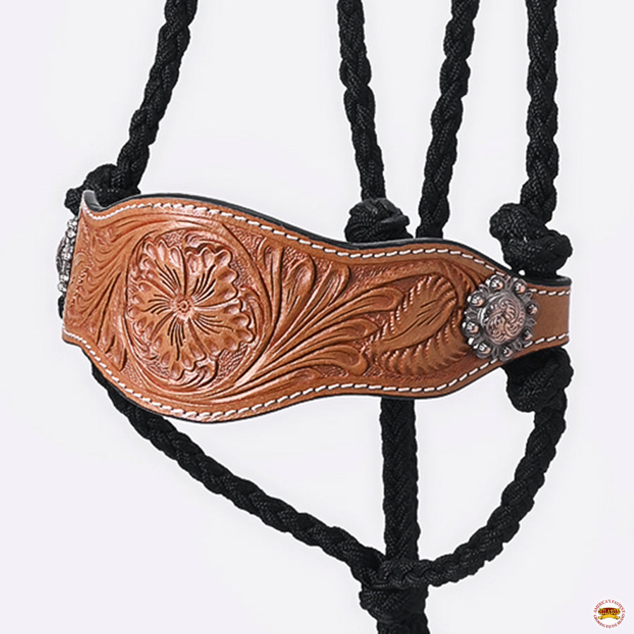 HILASON Western Horse Halter Basic Poly Rope with Lead Floral Leather Black 8 Ft | Halters for Horses and