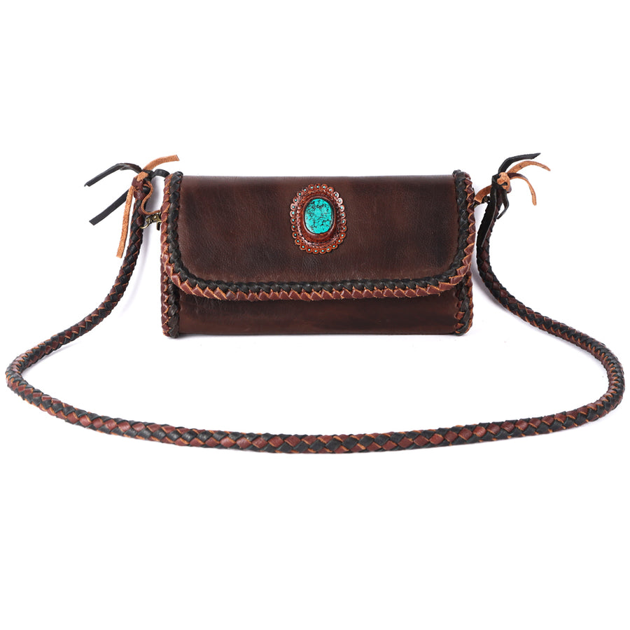 American Darling Wallet Western Genuine Leather Handcrafted Purse with Turquoise Stone and Braided Detail