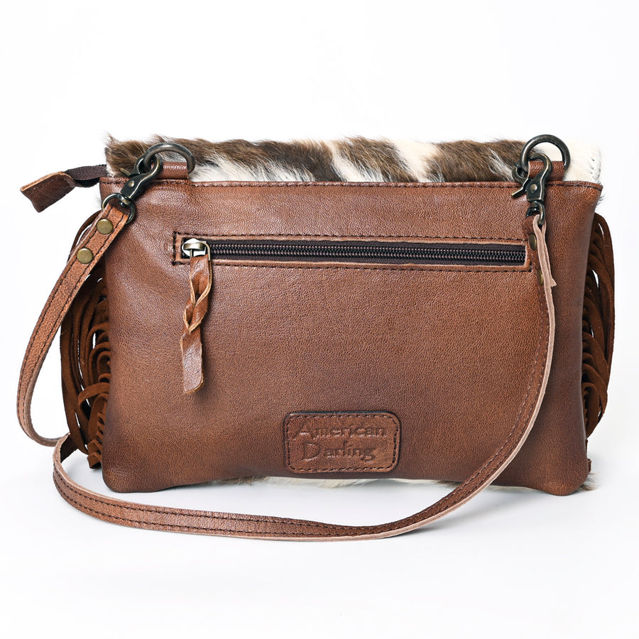 American Darling Small Cross body Bag Hand Tooled Floral Carved Leather Hair-On Cowhide with Fringes