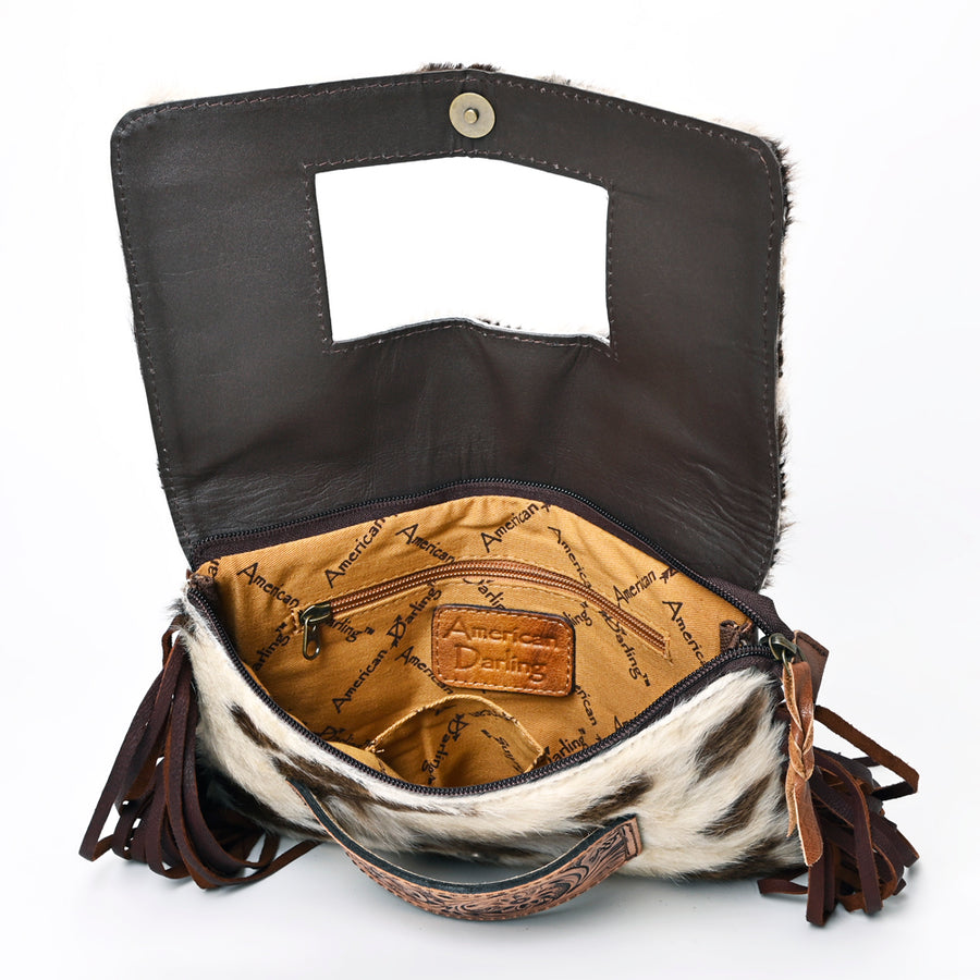 American Darling Small Cross body Bag Hand Tooled Floral Carved Leather Hair-On Cowhide with Fringes