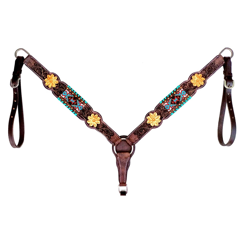 Hilason Western Horse Floral Beaded Genuine Leather Breast Collar Dark Brown