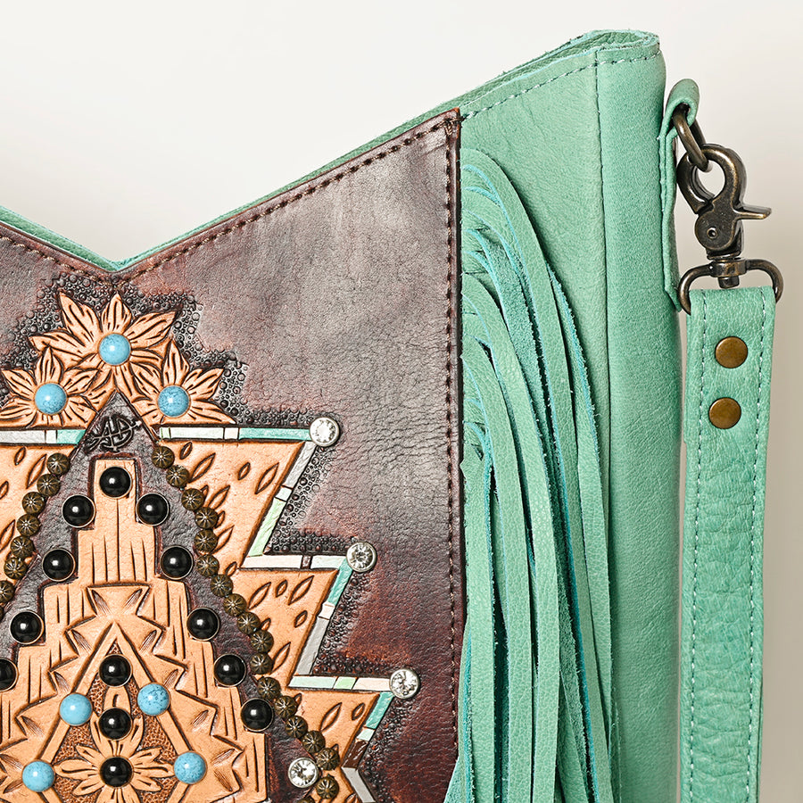American Darling Western Crossbody Bag Hand Tooled Genuine Leather Fringe Shoulder Purse 14in (H) X 12in (W) X 3in (D)