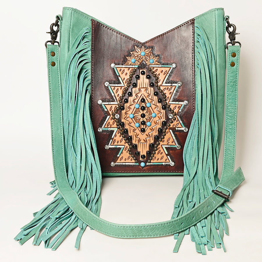 American Darling Western Crossbody Bag Hand Tooled Genuine Leather Fringe Shoulder Purse 14in (H) X 12in (W) X 3in (D)