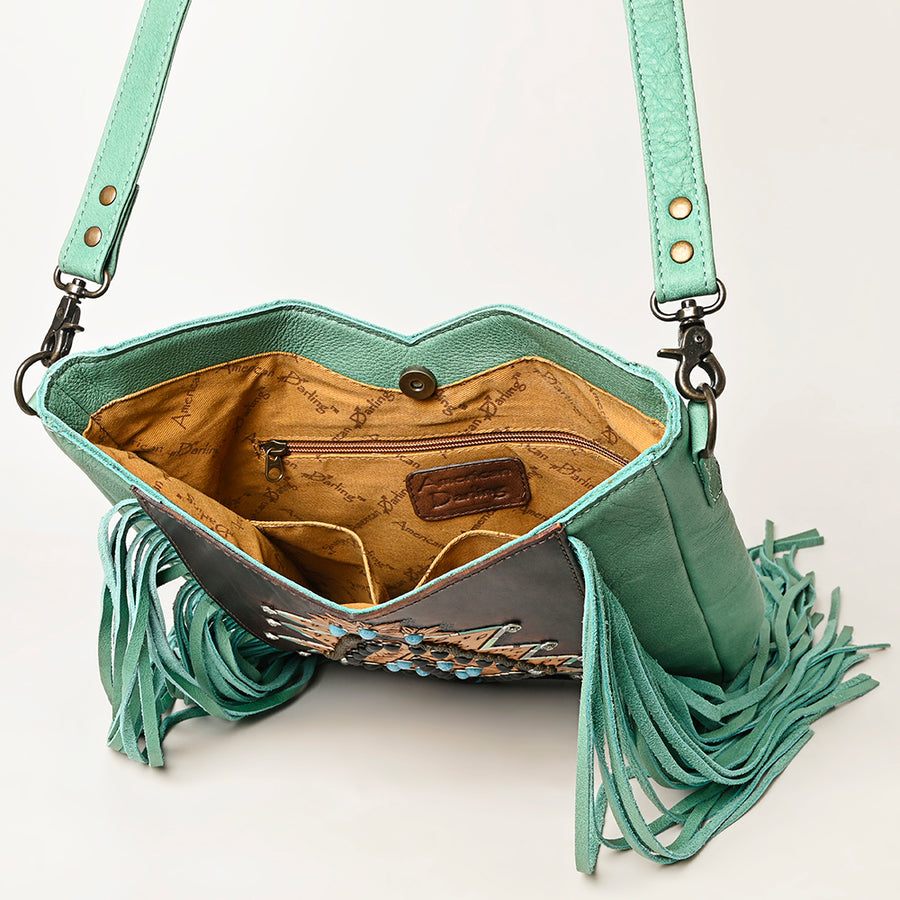 American Darling Western Crossbody Bag Hand Tooled Genuine Leather Fringe Shoulder Purse 14in (H) X 12in (W) X 3in (D)