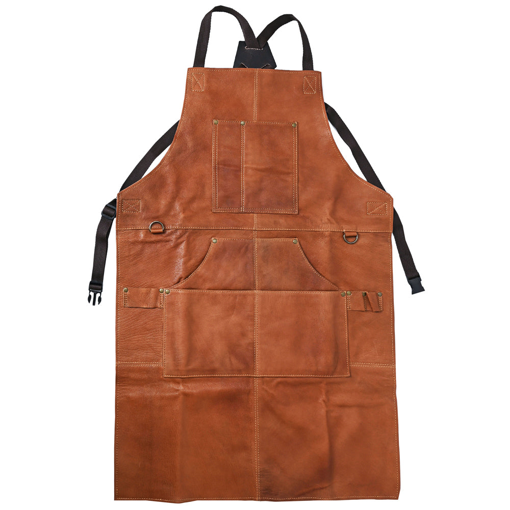 HILASON Genuine Leather Adjustable Work Apron With Tool Pockets Tan
