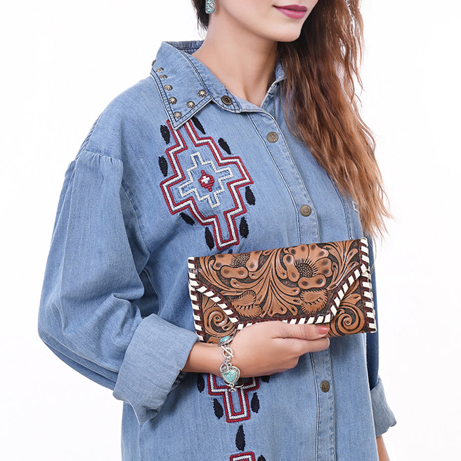OHLAY Wallet Hand Tooled Hair-On Genuine Leather Women Bag Western Handbag Purse | Womens Handbags |Leather Belt for Summer