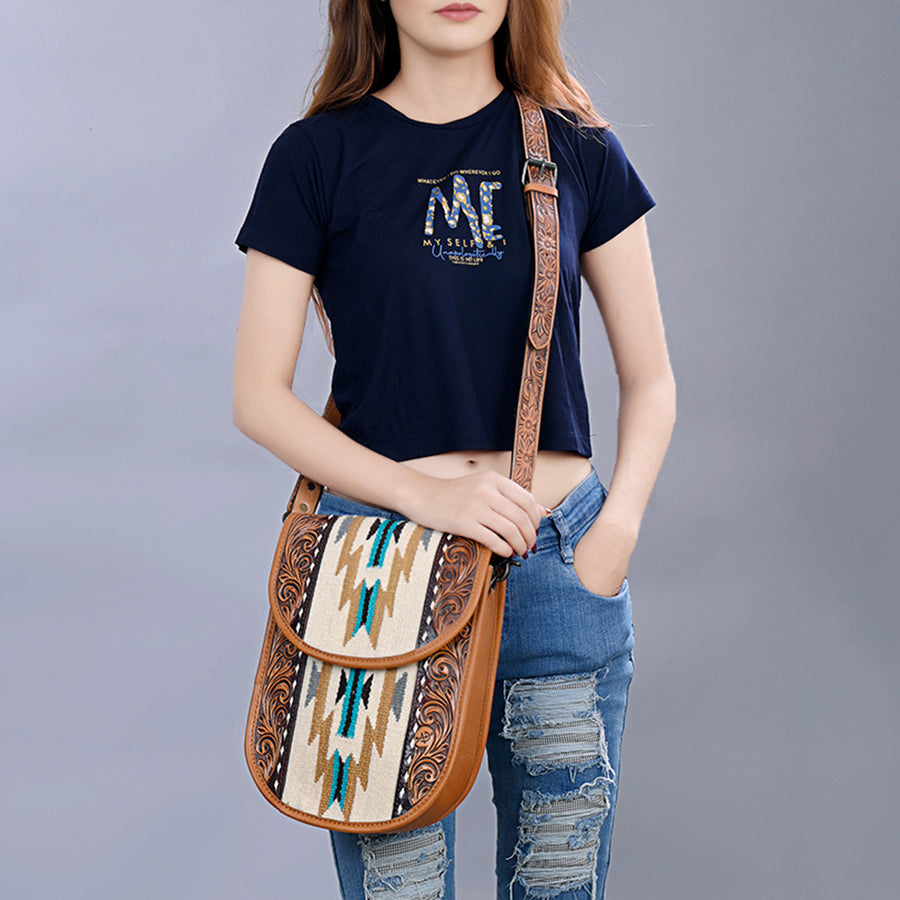 American Darling Western Crossbody Bag Hand Tooled Floral Carved Leather with Saddle Blanket 11in (H) X 9in (W) X 4in (D)