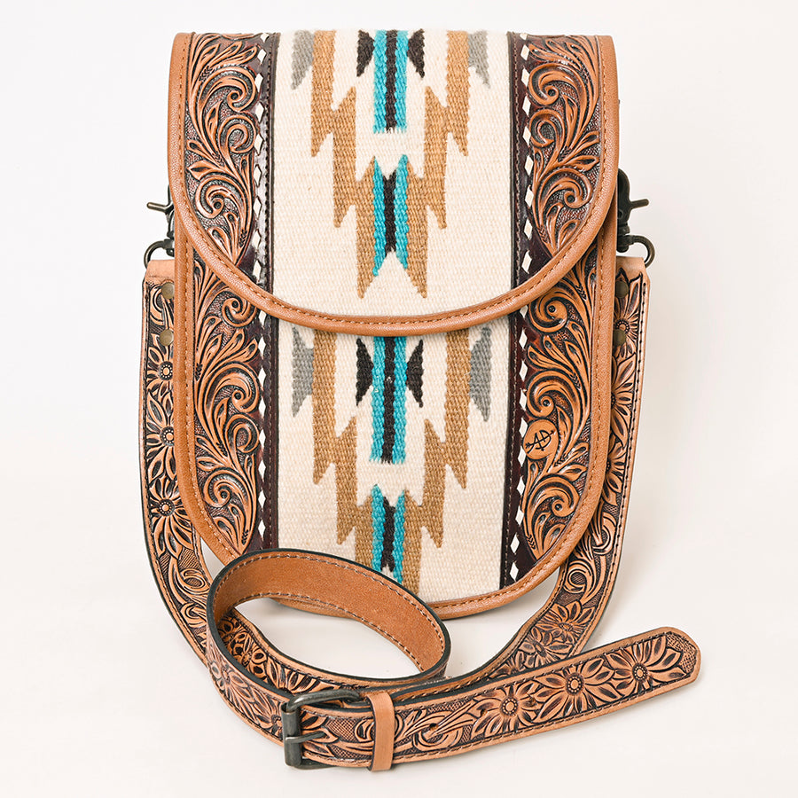 American Darling Western Crossbody Bag Hand Tooled Floral Carved Leather with Saddle Blanket 11in (H) X 9in (W) X 4in (D)