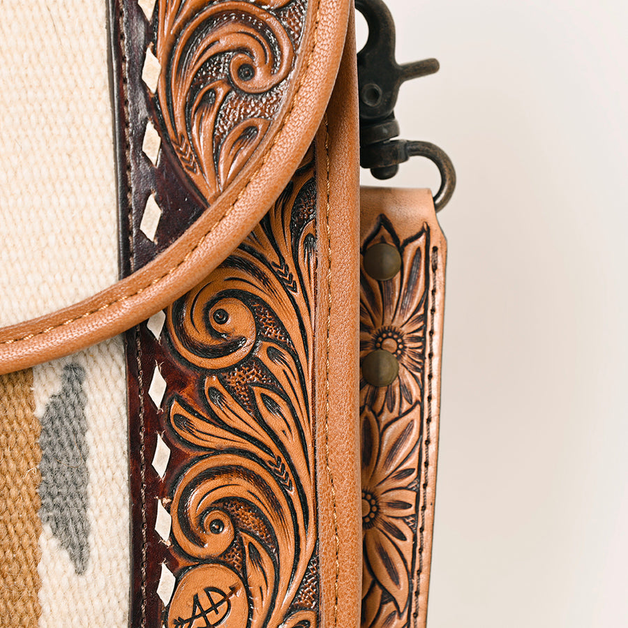 American Darling Western Crossbody Bag Hand Tooled Floral Carved Leather with Saddle Blanket 11in (H) X 9in (W) X 4in (D)