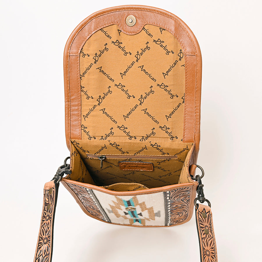 American Darling Western Crossbody Bag Hand Tooled Floral Carved Leather with Saddle Blanket 11in (H) X 9in (W) X 4in (D)