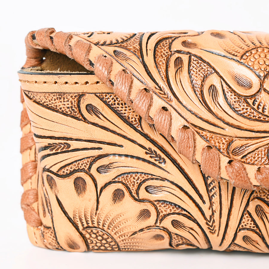 American Darling Western Sunglass Case Hand Tooled Floral Carved Genuine Leather 3in (H) X 6.5in (W) X 1in (D)