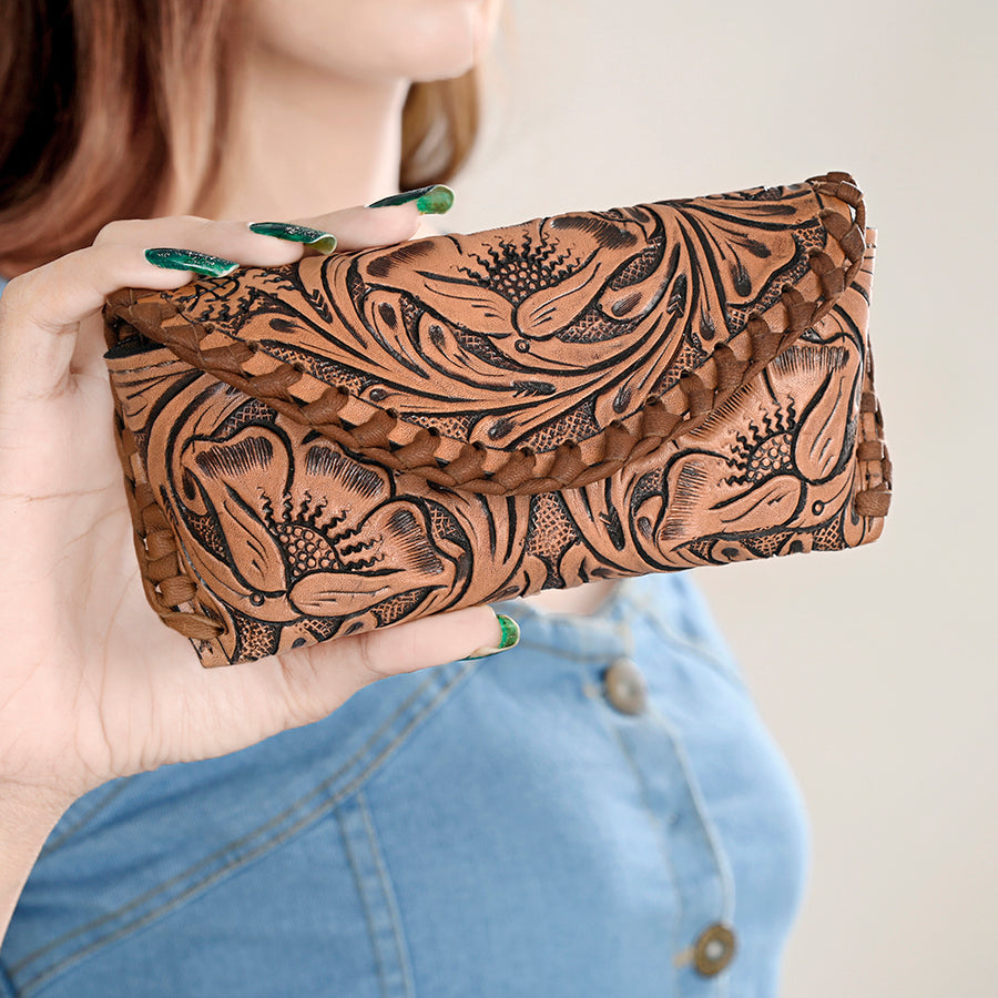 American Darling Western Sunglass Case Hand Tooled Floral Carved Genuine Leather 3in (H) X 6.5in (W) X 1in (D)