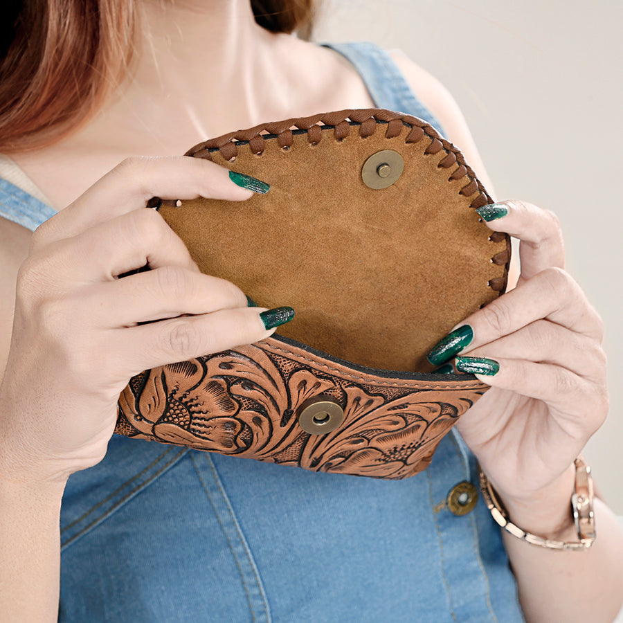 American Darling Western Sunglass Case Hand Tooled Floral Carved Genuine Leather 3in (H) X 6.5in (W) X 1in (D)