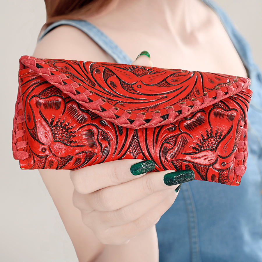 American Darling Western Sunglass Case Hand Tooled Floral Carved Genuine Leather 3in (H) X 6.5in (W) X 1in (D)